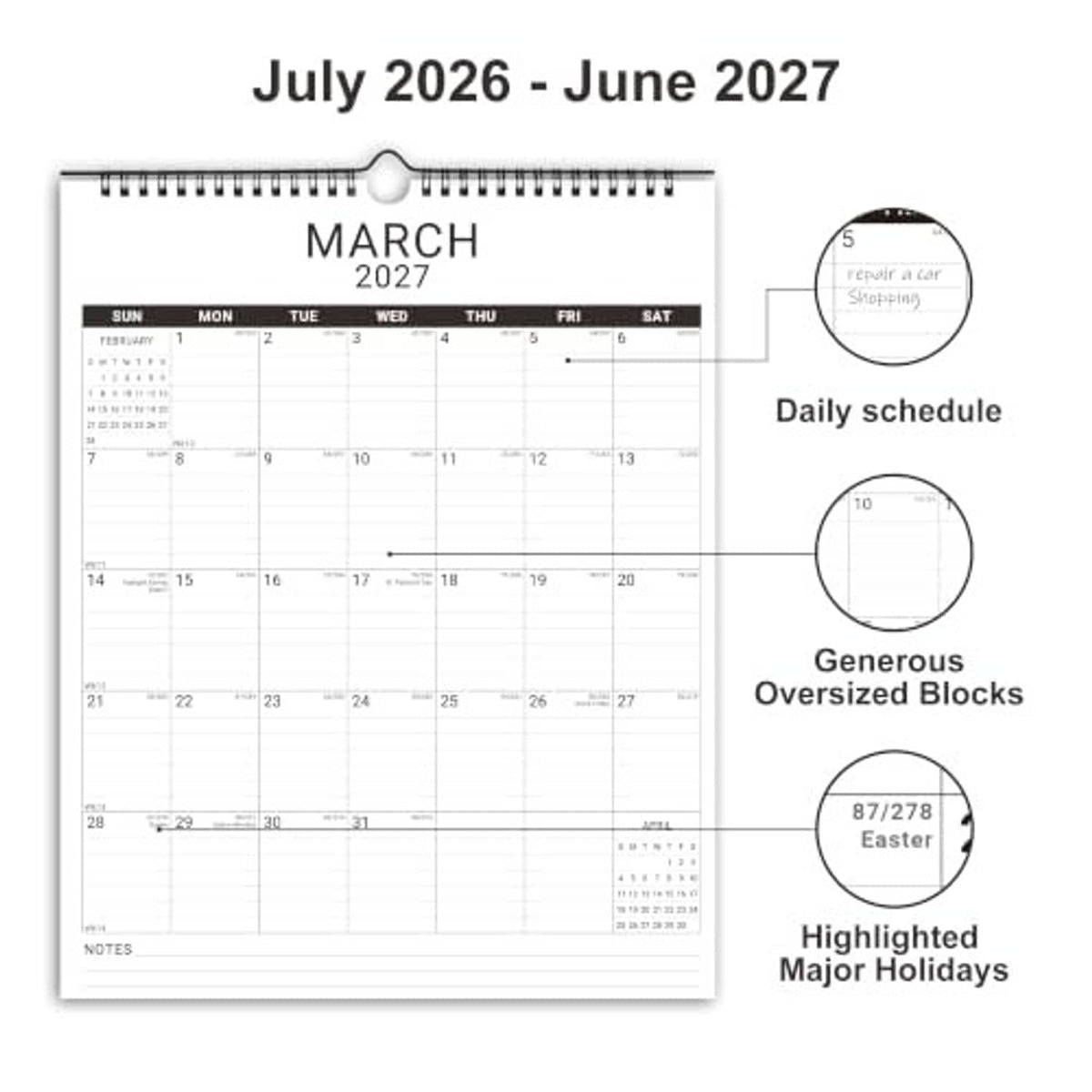 White 12-month calendar planner view showing March 2027 with holiday callouts