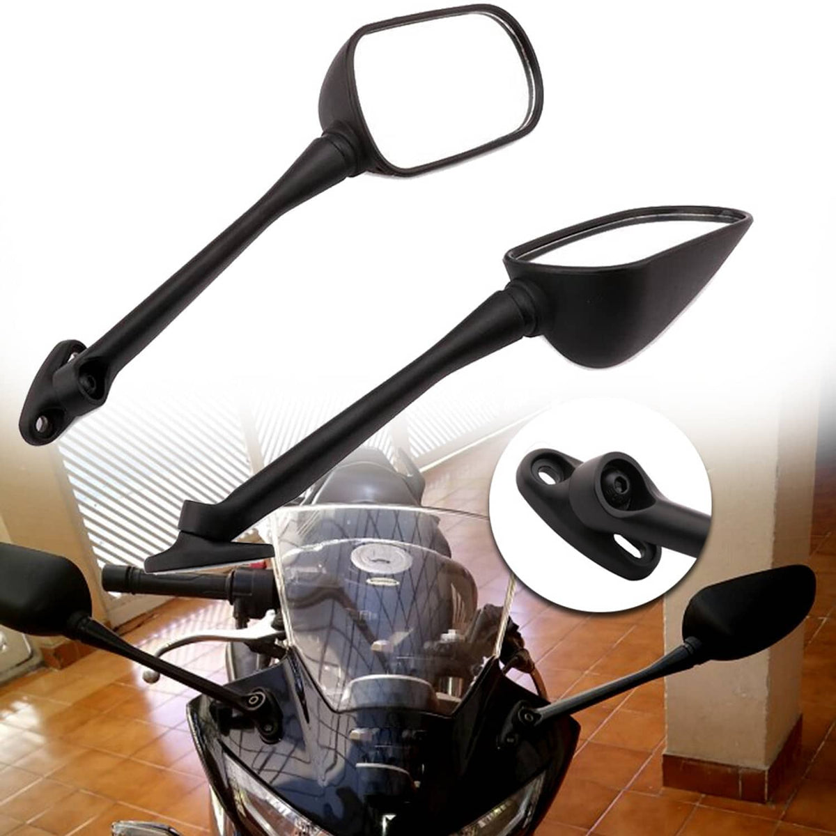 Motorcycle handlebars with mounted black side mirrors and clear oval mirror glass