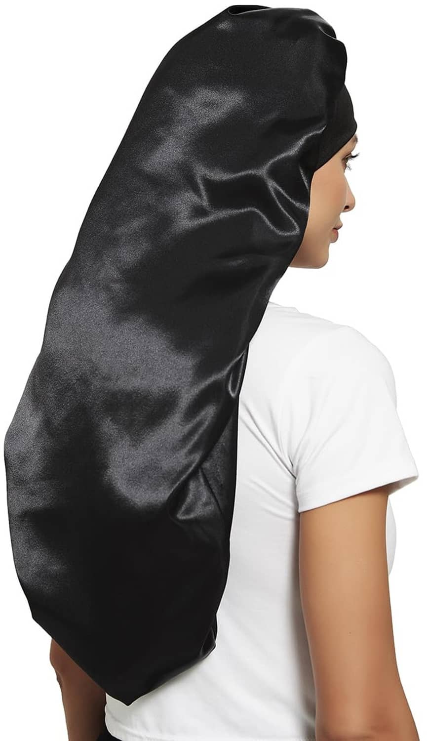 Black satin sleep cap with long tail and smooth hood shape