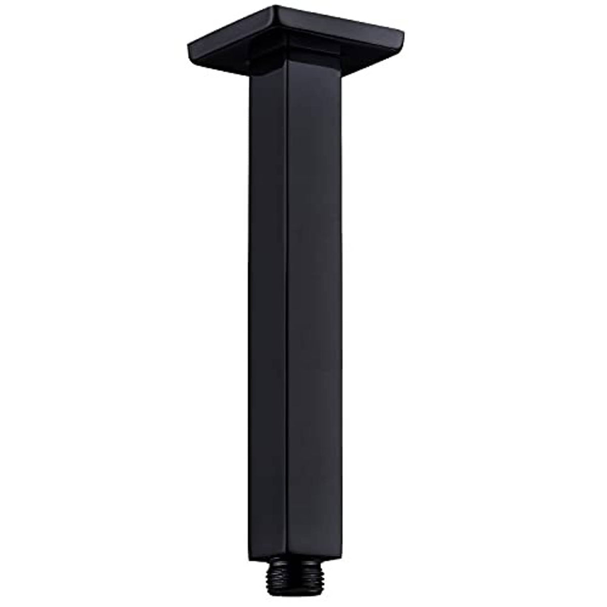 Matte black shower arm with square ceiling flange and long extension pipe for shower head