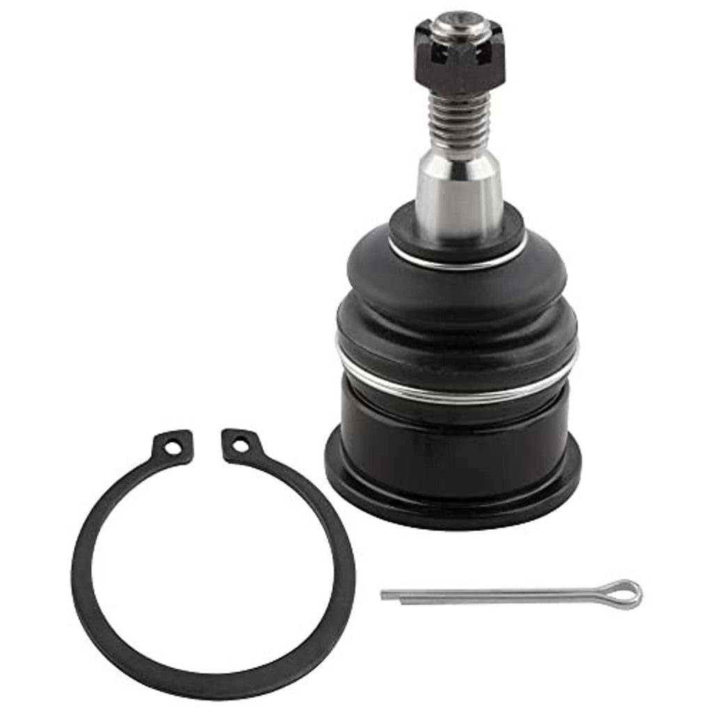 Front upper ball joint with black rubber boot, silver stud, retaining ring, hex nut, cotter pin