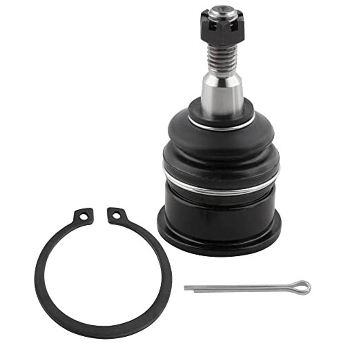 Front upper ball joint with black rubber boot, silver stud, retaining ring, hex nut, cotter pin