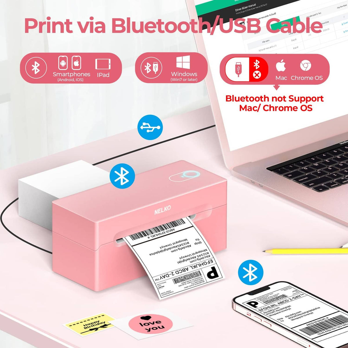 Pink thermal label printer with printed shipping label and connected smartphone