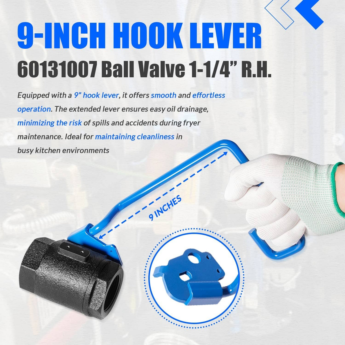 Ball valve with 9-inch hook lever, blue handle, and black threaded body