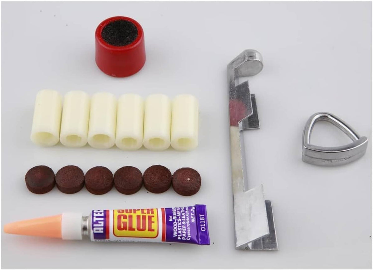 Cue stick tip repair kit with light cue tips, dark brown inserts, glue tube, metal tool