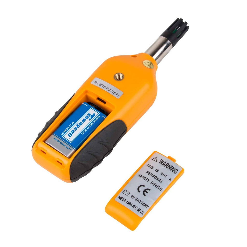Orange handheld digital humidity meter with battery compartment open and included battery