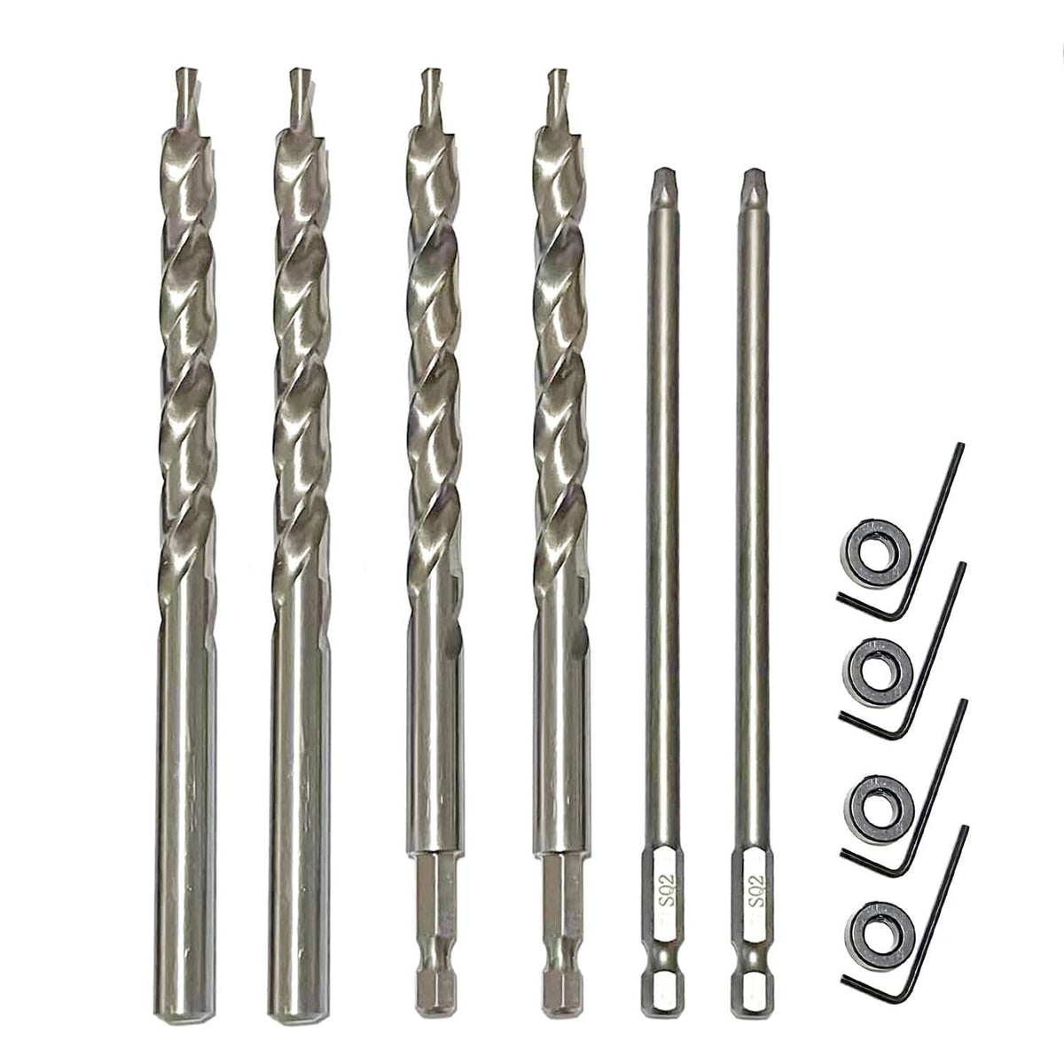 Drill bit and screwdriving bit set with depth stop collar, SQ2 bits, and screws