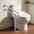 Toilet safety grab bar with U-shaped stainless rail and vertical leg, wall-mounted