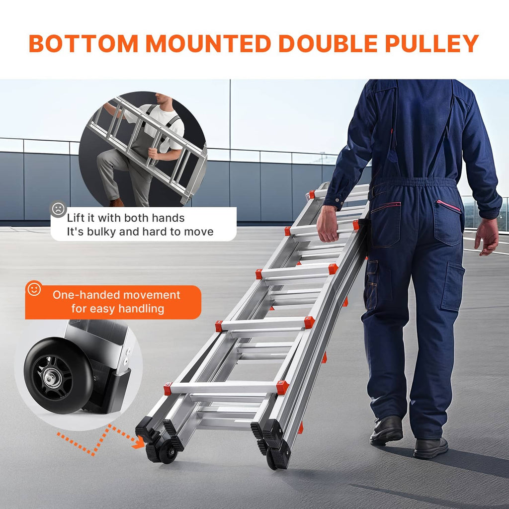 A-frame extension ladder with wheeled base and orange rung accents for easy movement