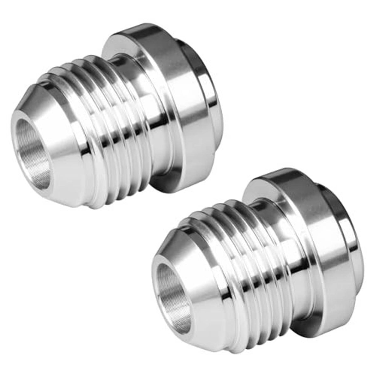 Male flare weld fitting adapter set with silver metal threads and stepped collar