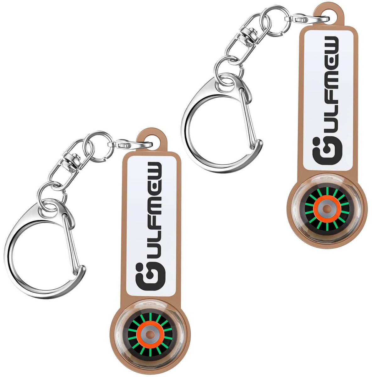 Two brown solenoid tester keychains with metal rings and colorful rotating magnet discs