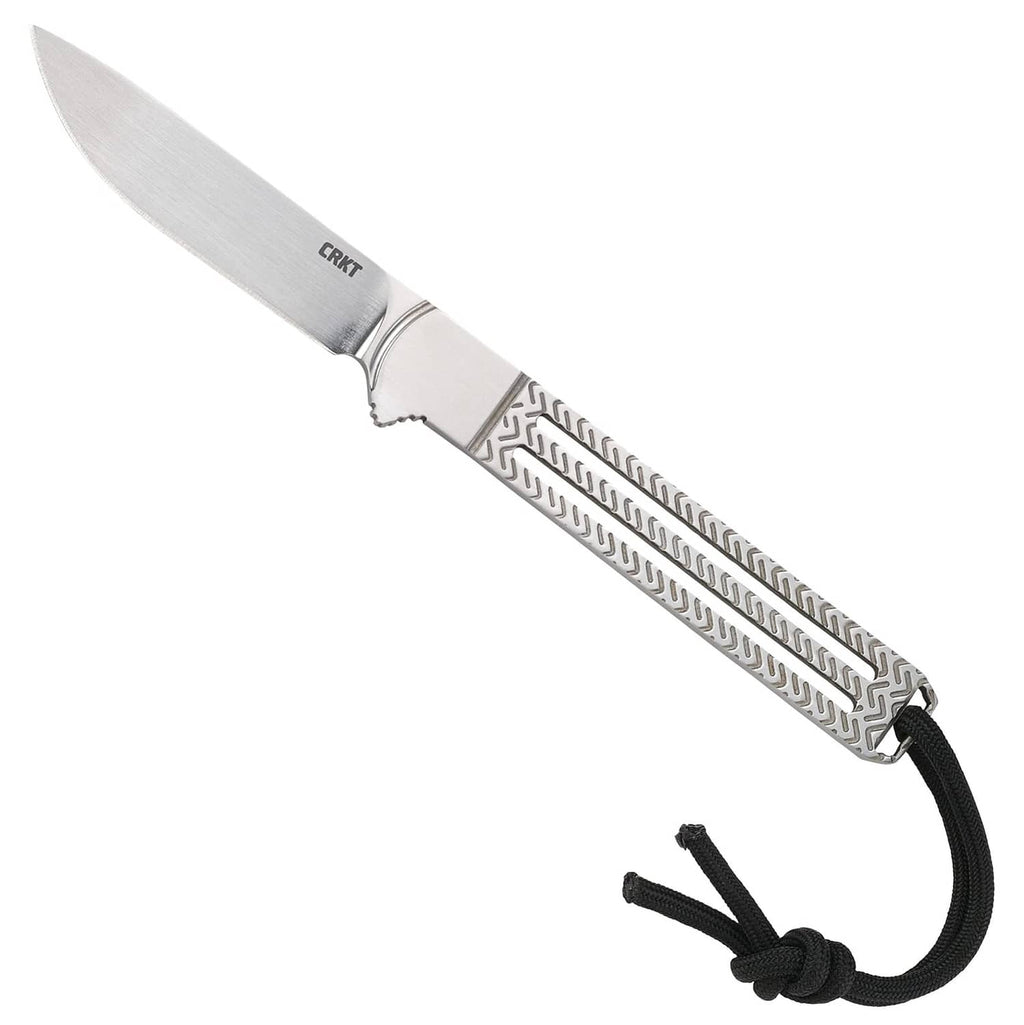 Fixed blade knife with silver patterned handle and black cord lanyard