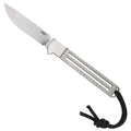 Fixed blade knife with silver patterned handle and black cord lanyard