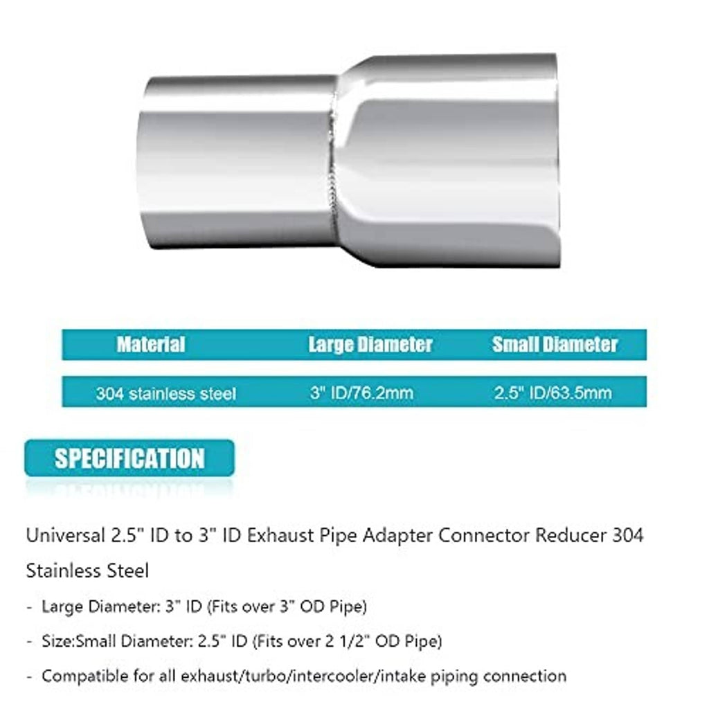 Stainless steel 2.5 in to 3 in exhaust pipe reducer adapter, side view