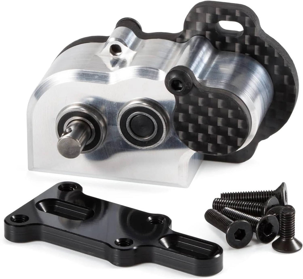 RC portal transmission gearbox kit with metal housing, carbon-fiber guard, and included screws