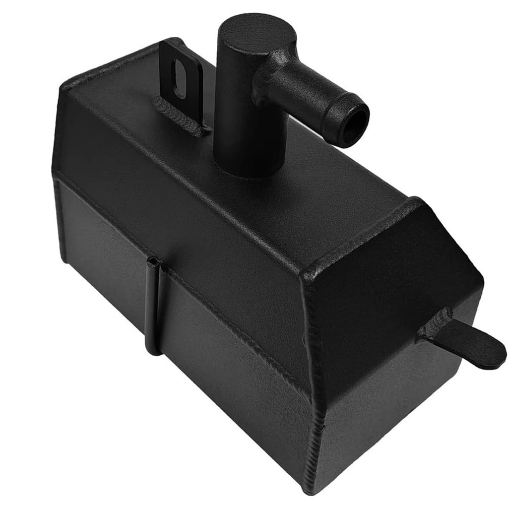 Black engine coolant reservoir with top outlet hose and side mounting tab