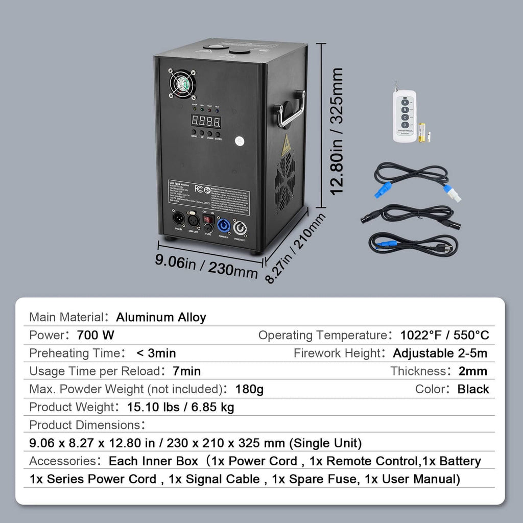Cold spark machine dimensions diagram with remote, cables, and user manual accessories