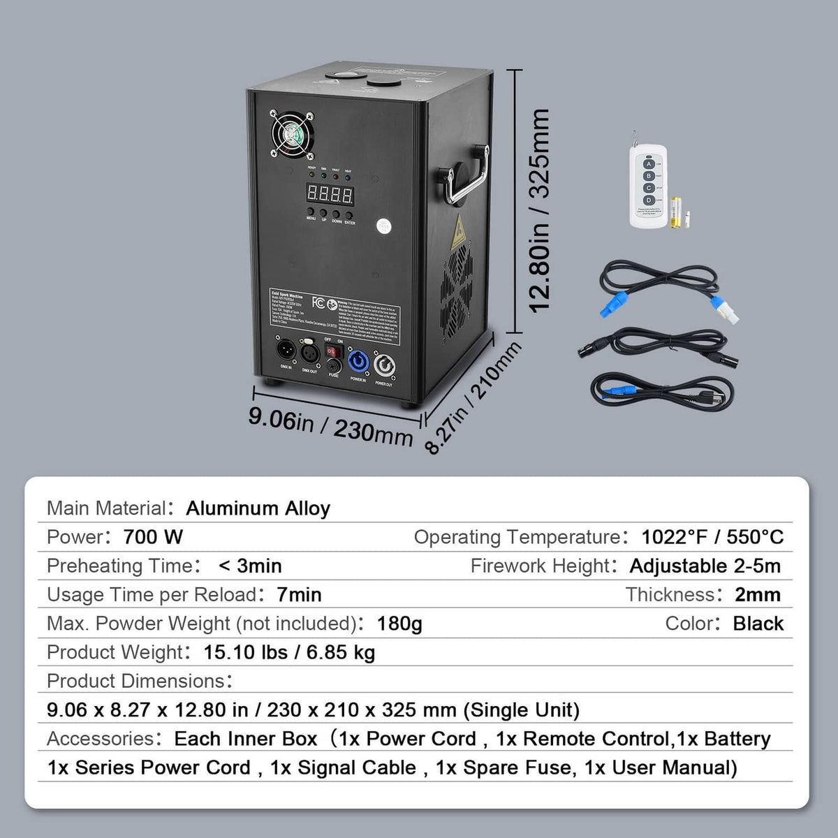 Cold spark machine dimensions diagram with remote, cables, and user manual accessories