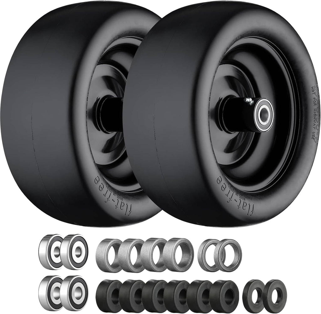 Pair of flat-free zero turn mower tires with black wheels and central hubs