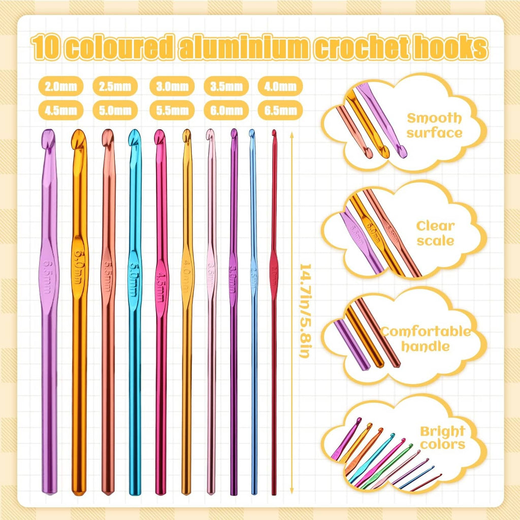 Crochet hooks set with colored aluminum hook handles and slim metal shafts, assorted sizes.