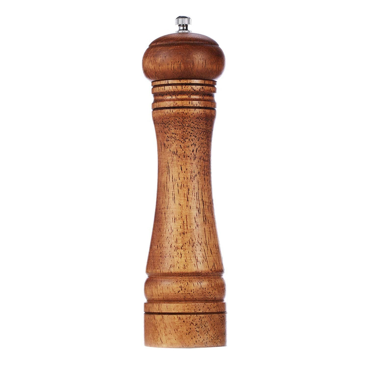 Wood pepper grinder with stainless top knob and adjustable grind, 8-inch size