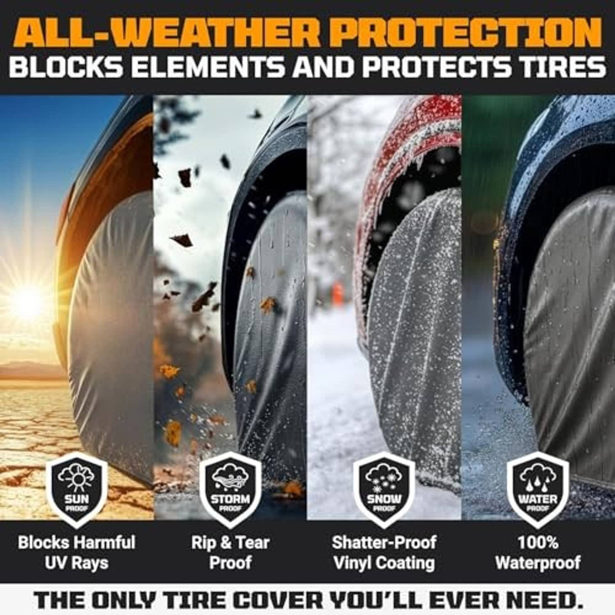 Weatherproof tire cover graphic with sun, storm, snow, and water protection icons