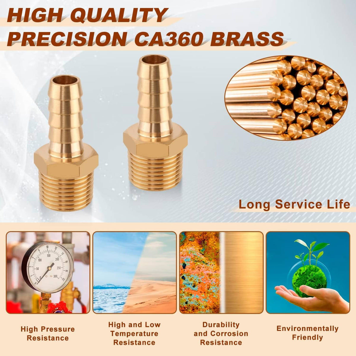 Precision brass hose barb fittings with barbed ends, two shown