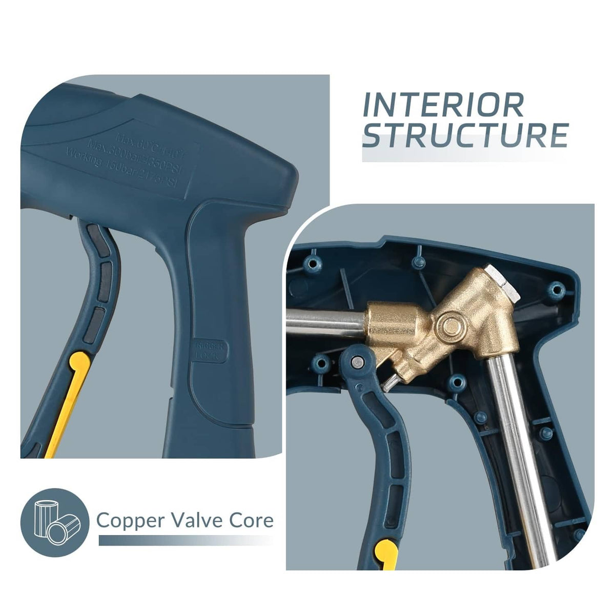 High-pressure washer gun with copper valve core interior view, blue-green shell
