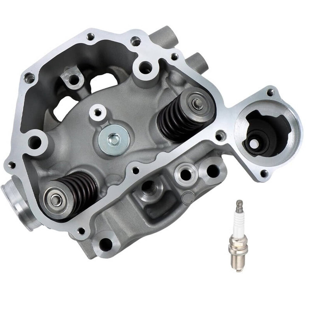Aluminum cylinder head assembly with valve springs and installed components, plus spark plug