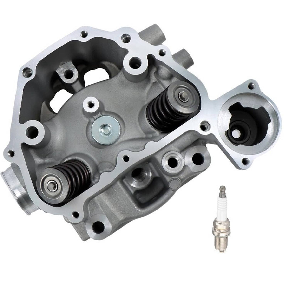 Aluminum cylinder head assembly with valve springs and installed components, plus spark plug