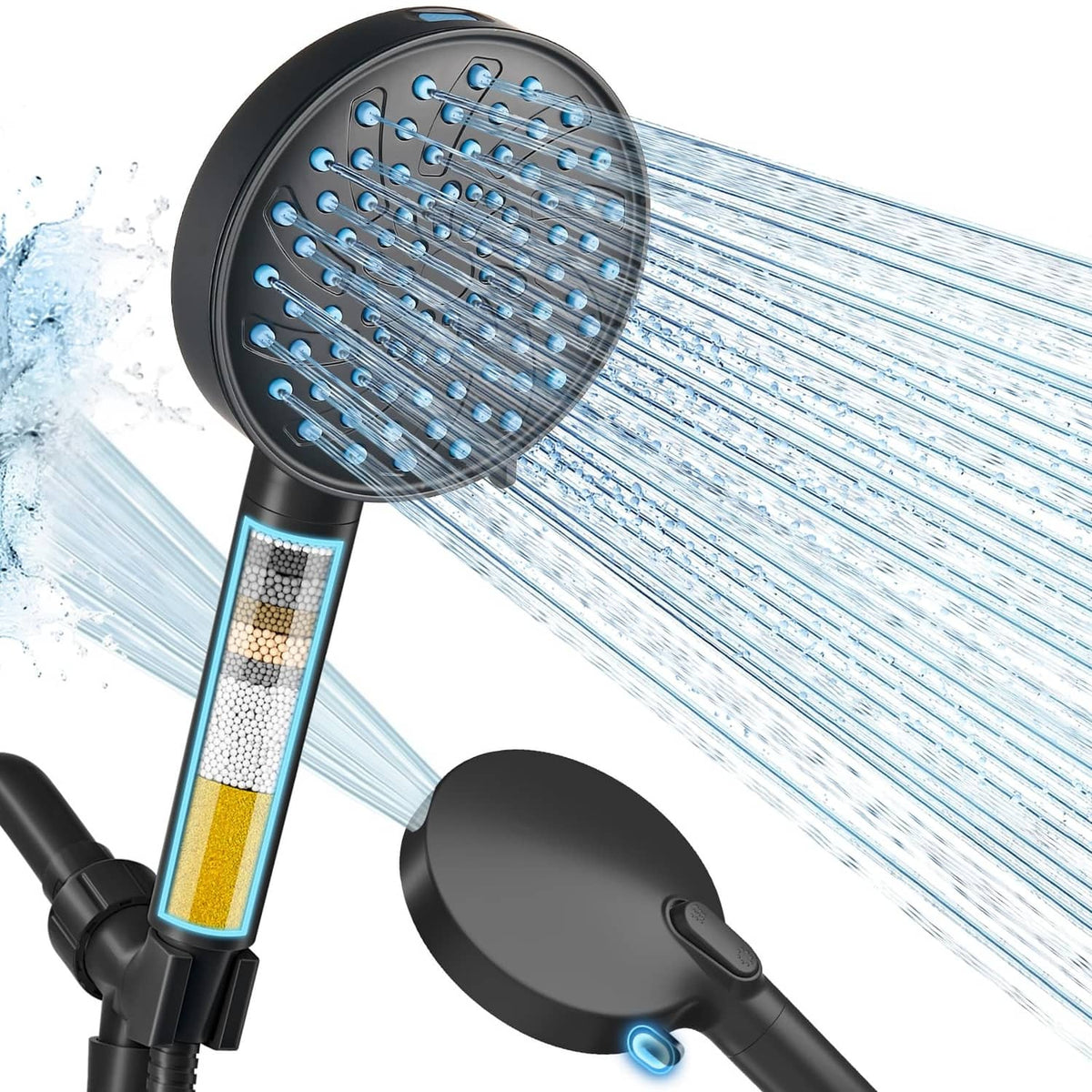 Matte black handheld shower head with round spray face and water stream