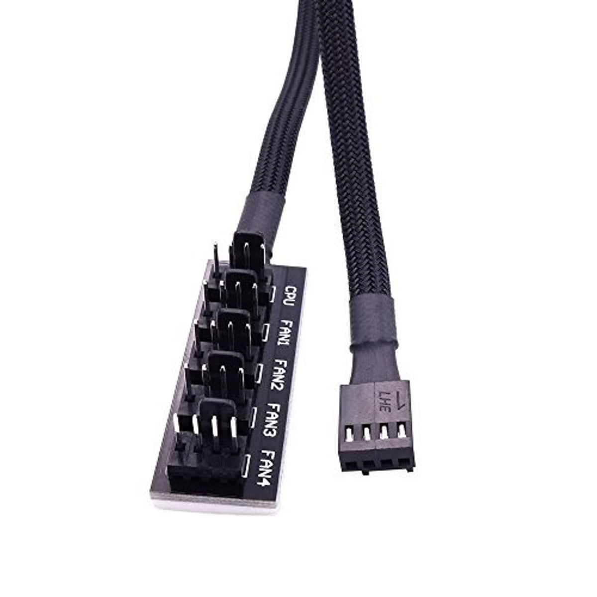 PWM fan splitter extension cable with stacked 4-pin plugs and dual braided leads