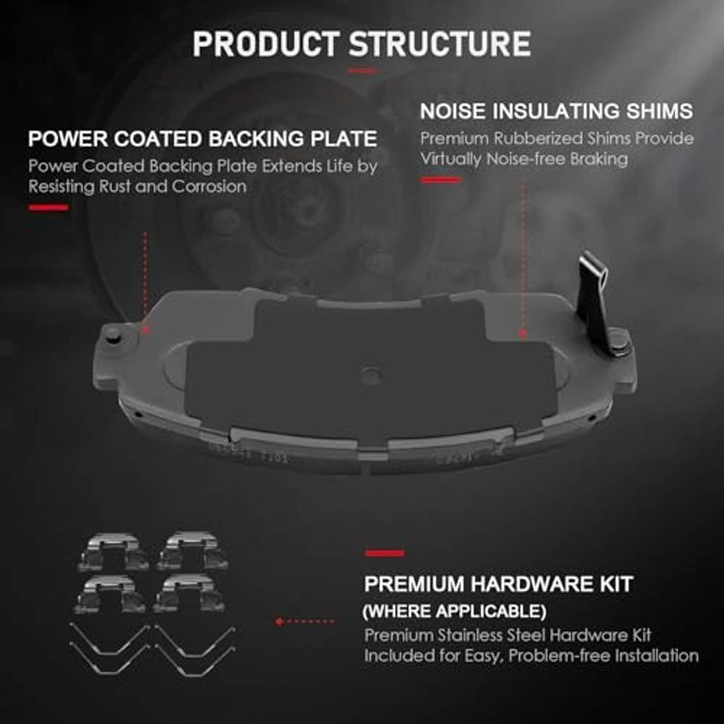 Brake pad with grey friction surface and dark backing plate, plus small hardware kit