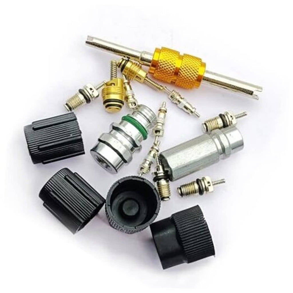 Air conditioning valve core kit with brass fittings and black caps, assorted parts