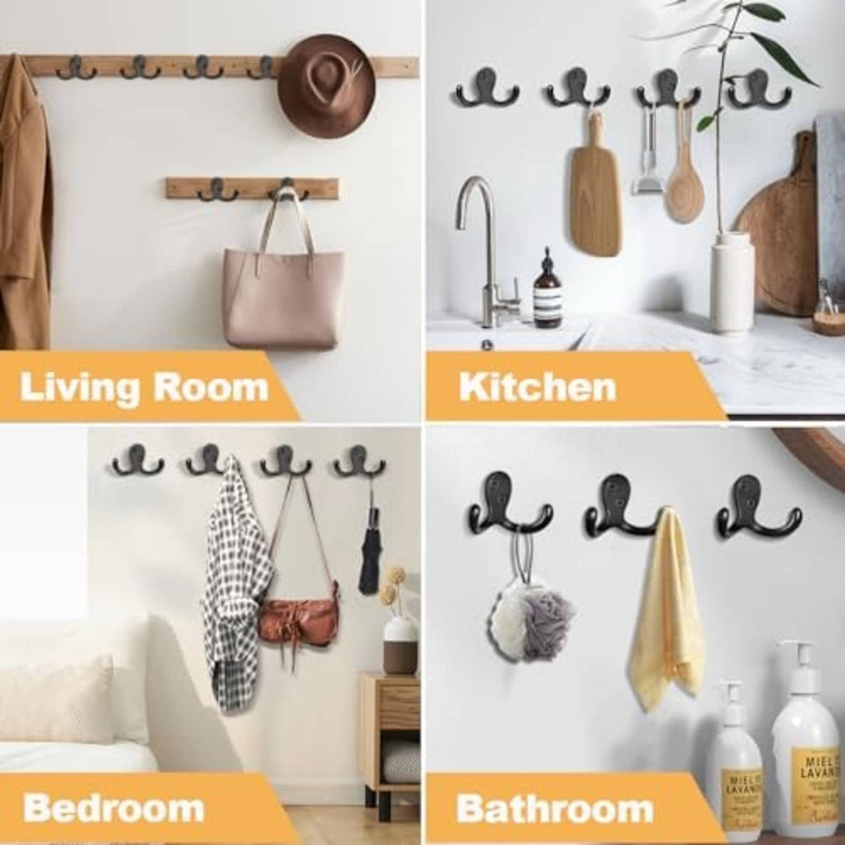Black wall coat hooks on wooden rails holding coats and bags