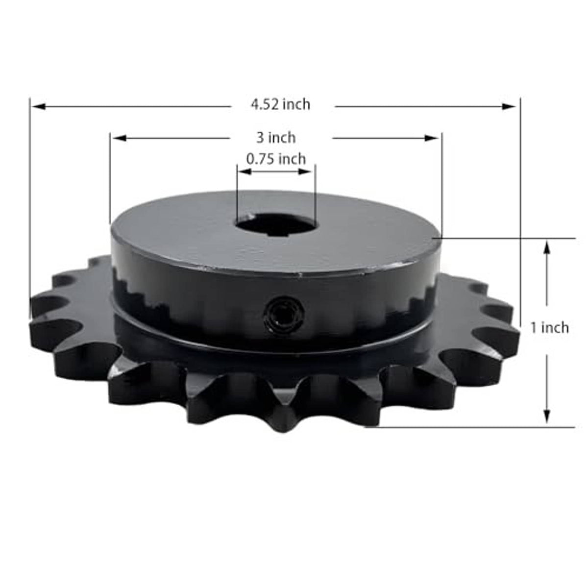 Side view of roller chain sprocket with 3/4 in bore and 21 teeth, toothed rim