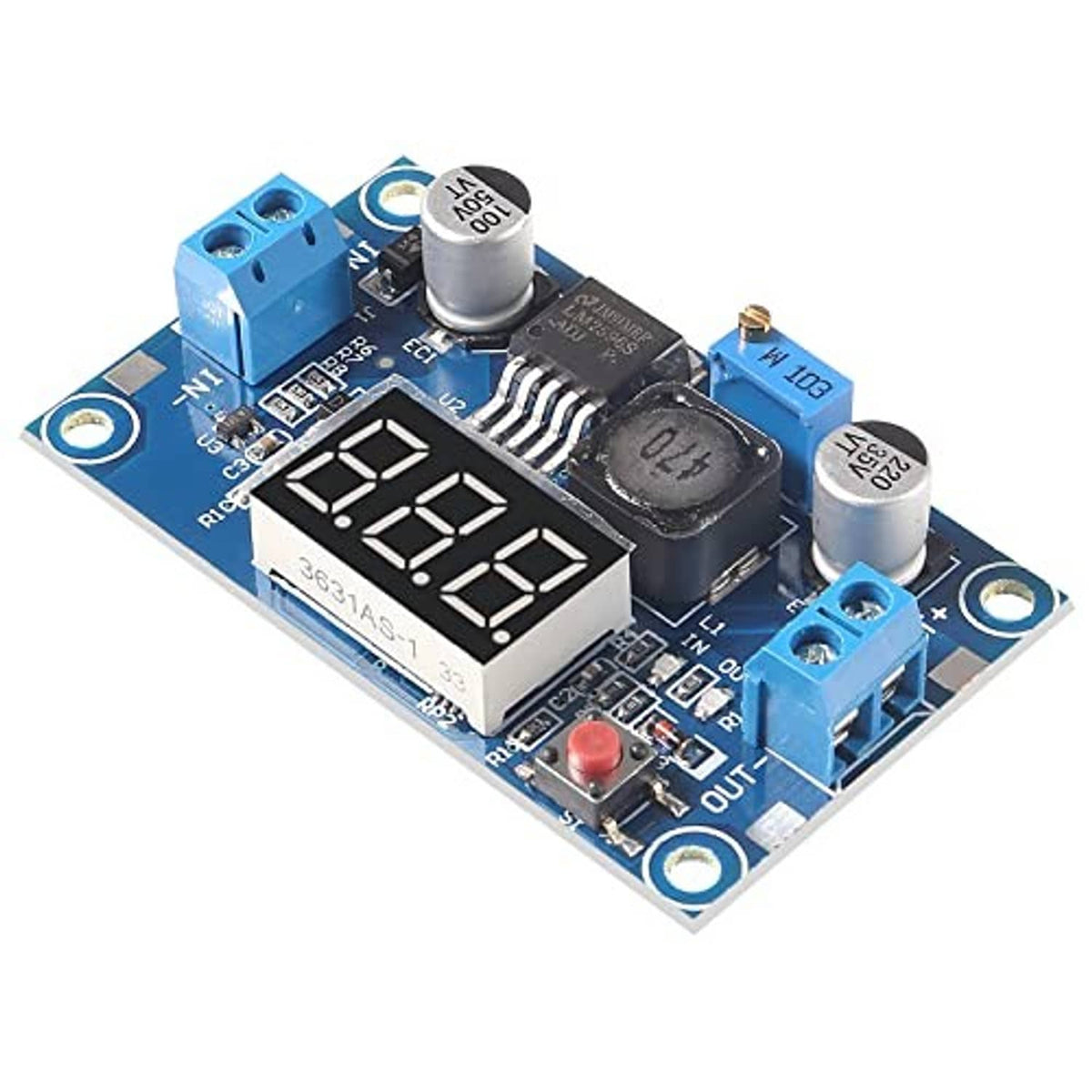 LM2596 buck converter PCB angled view with four-digit LED display, capacitors, and input/output terminals