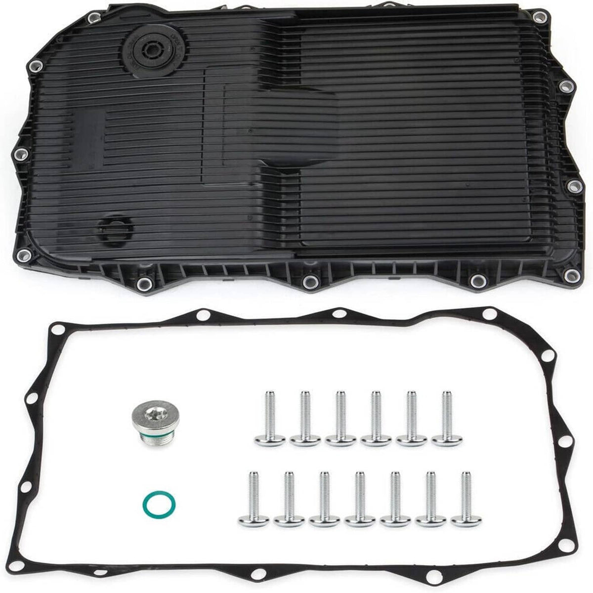 Black transmission oil pan with gasket and included mounting bolts