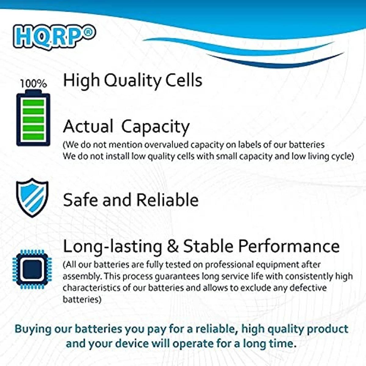 HQR P battery quality infographic with icons for safe and long-lasting performance