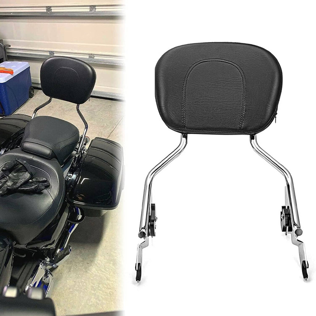 Detachable sissy bar backrest with black pad and chrome support legs