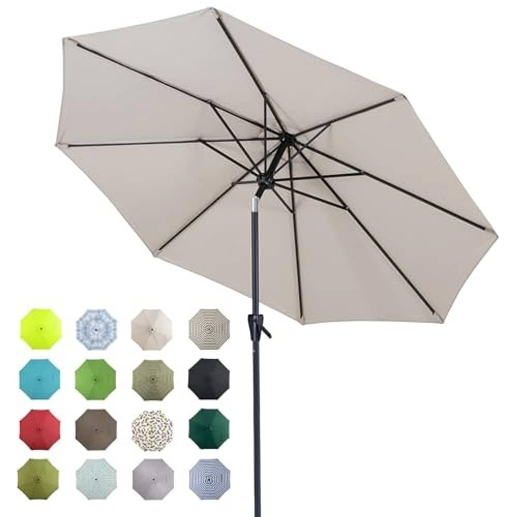 Beige patio table umbrella, open canopy with black ribs and crank-style pole