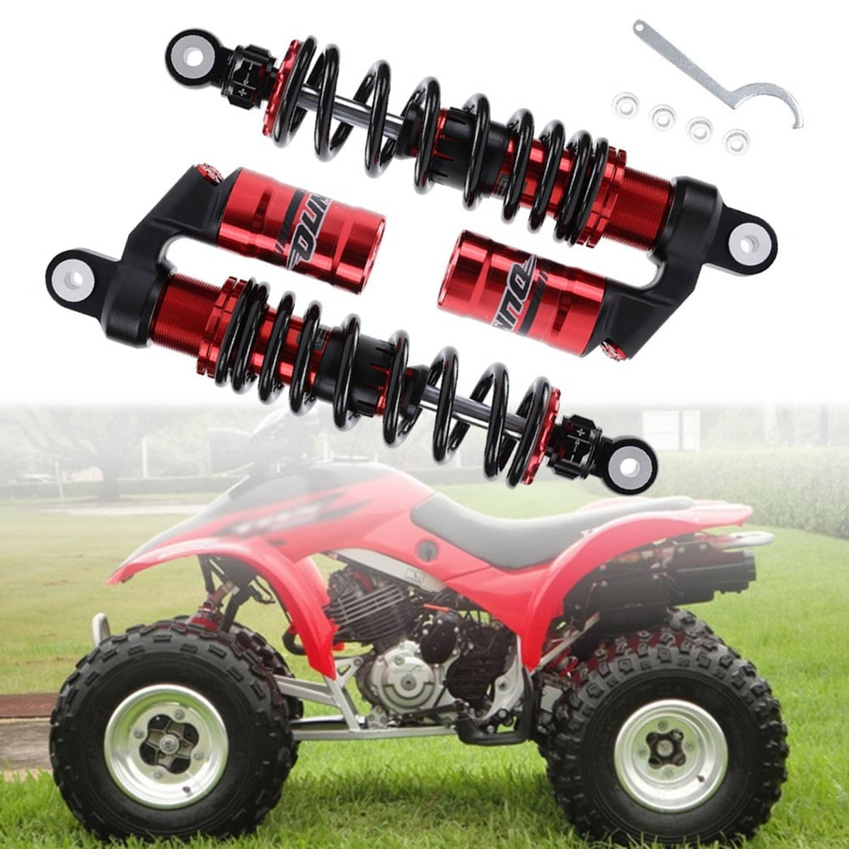 Pair of red and black front air shocks with coiled springs and mounting eye brackets
