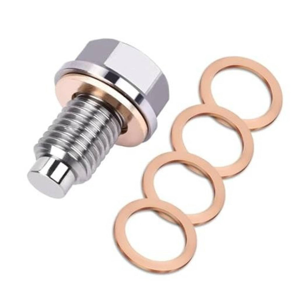 Magnetic oil drain plug with stainless cap, threaded bolt, and three copper sealing rings