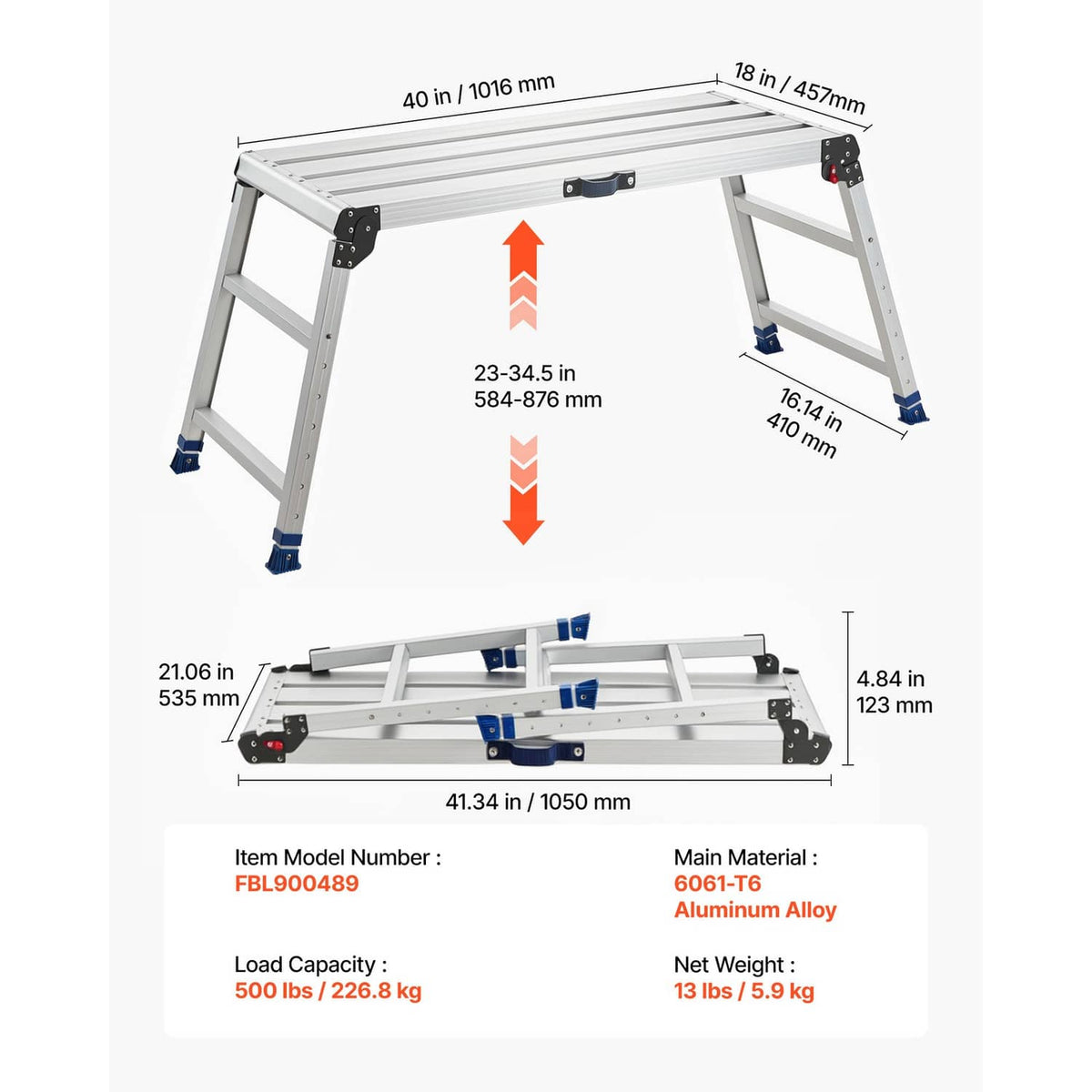 Adjustable folding work platform with height dimensions, aluminum frame and blue feet