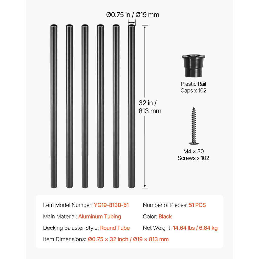 Black round aluminum deck baluster set, 32 in length, 0.75 in diameter