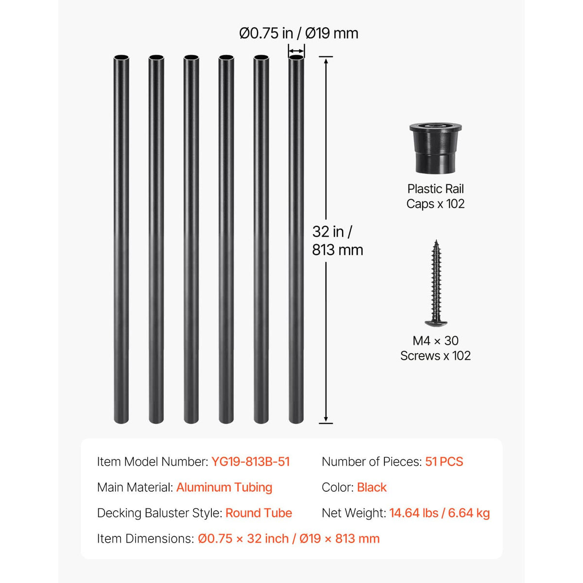 Black round aluminum deck baluster set, 32 in length, 0.75 in diameter
