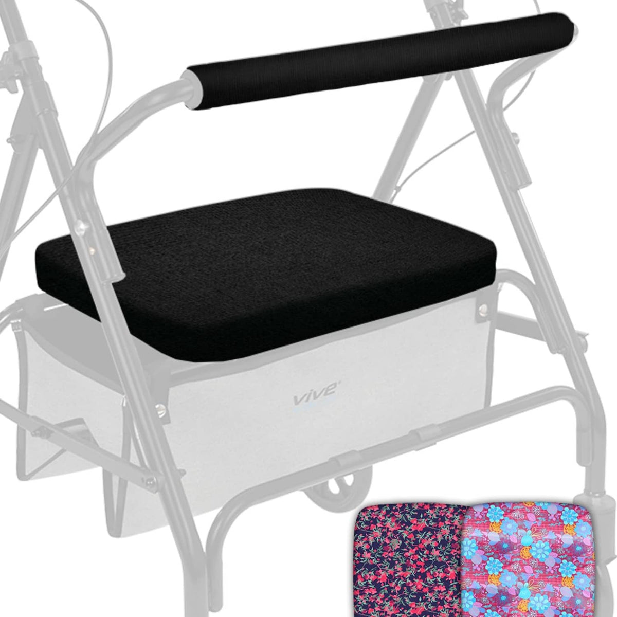 Rollator seat and backrest cover set in black, shown installed on walker seat