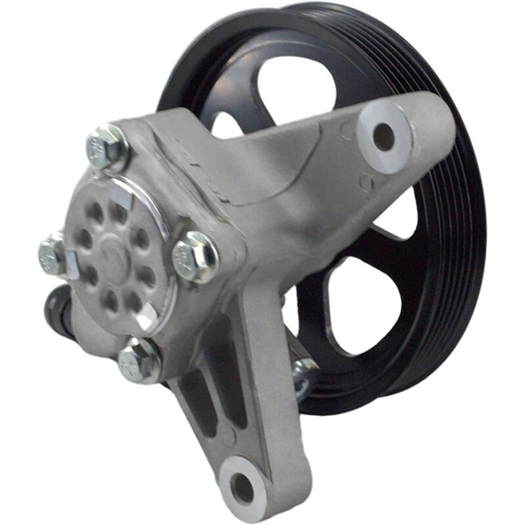 Power steering pump with black pulley, silver housing, and mounting ears