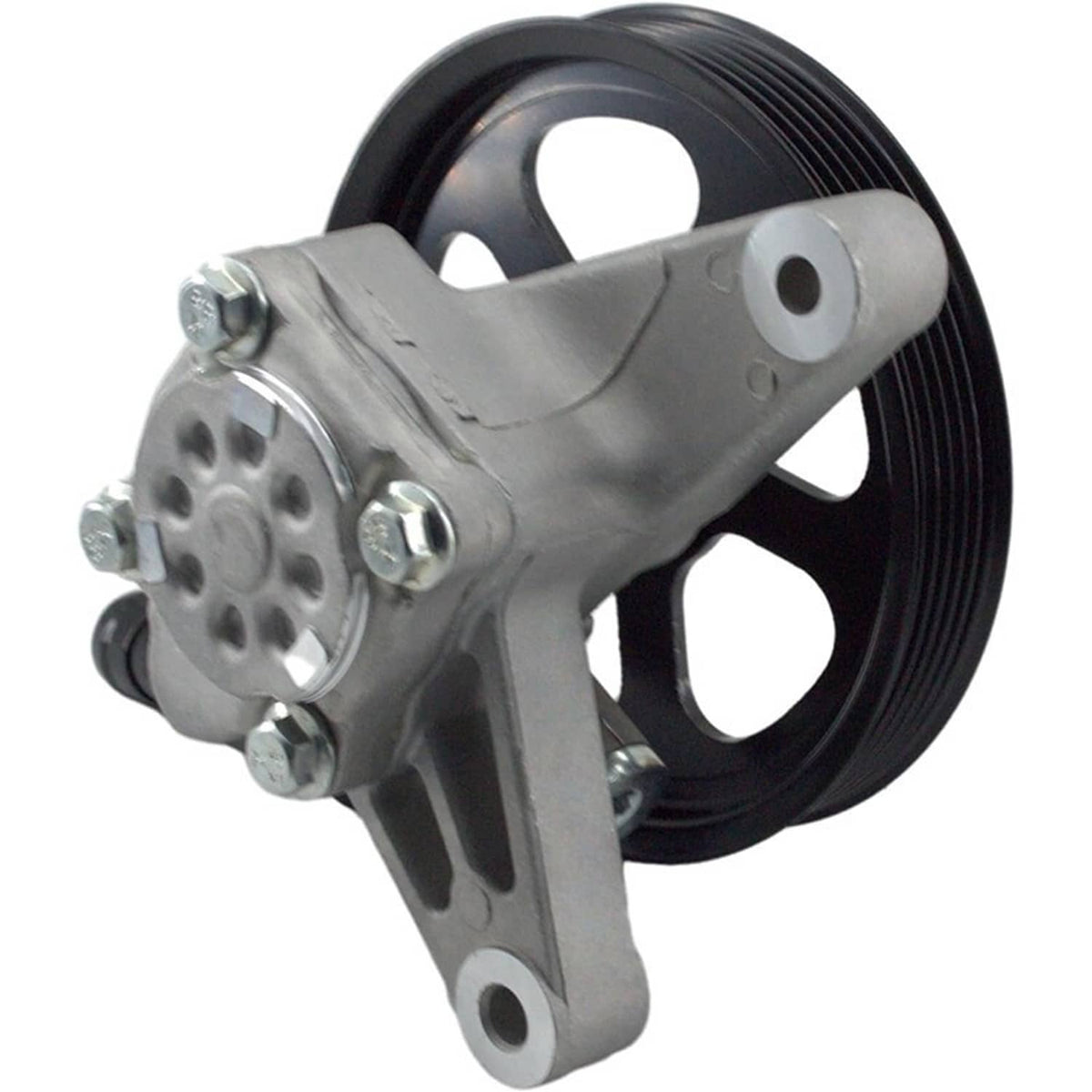 Power steering pump with black pulley, silver housing, and mounting ears