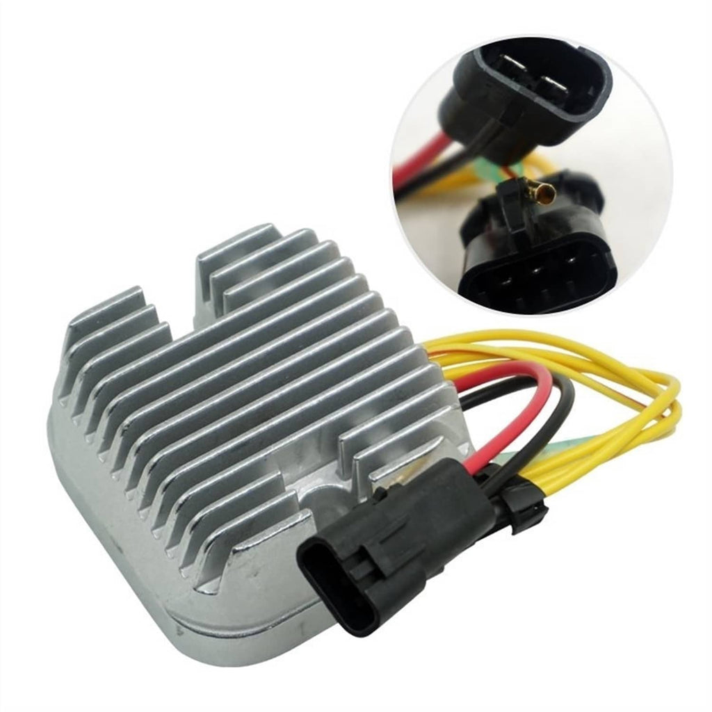 Voltage regulator/rectifier with finned aluminum housing and two black connector plugs